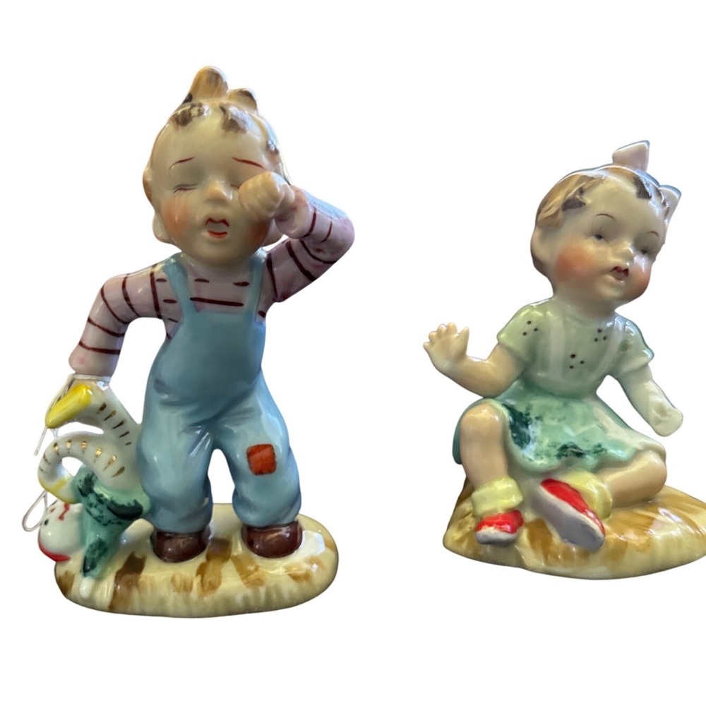 Vintage Hand Painted Porcelain Figurines Crying Boy & Sitting Girl Made in Japan